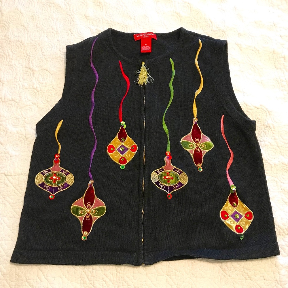 Merry & Bright black knit holiday vest with embroidered Christmas ornaments (PL)